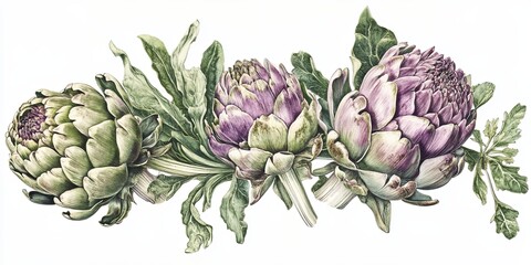 Fototapeta premium Artichoke Trio in Botanical Detail: A watercolor study of three artichoke blossoms, rendered in exquisite detail, celebrates the beauty of nature's bounty. 