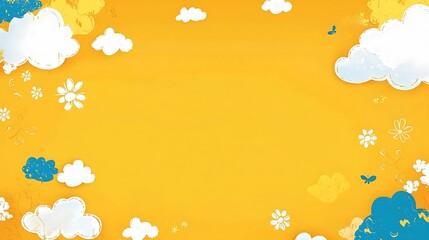 A bright yellow background with white clouds and flowers.