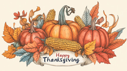 A hand-drawn banner featuring pumpkins, corn, and autumn leaves, with "Happy Thanksgiving" in calligraphy, Thanksgiving, banner