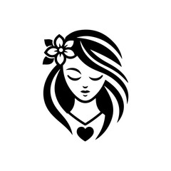 Elegant Charm Black Logo with a Woman's Face Iconic Simplicity Vector Icon of Black Female Face. beautiful floral girl with love sign icon logo
