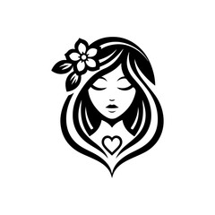 Elegant Charm Black Logo with a Woman's Face Iconic Simplicity Vector Icon of Black Female Face. beautiful floral girl with love sign icon logo
