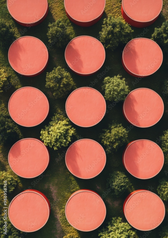 Poster Aerial View of Red Circular Frames with Green Forest Scene in Symmetrical Pattern