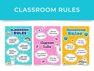 A colorful classroom rules banner designed to encourage positive student behavior during learning activities.
