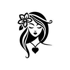 Elegant Charm Black Logo with a Woman's Face Iconic Simplicity Vector Icon of Black Female Face. beautiful floral girl with love sign icon logo