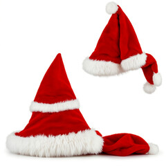 Red furry christmas santa claus hat, isolated on white background