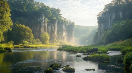 A picturesque view of a hidden, unspoiled river valley with lush greenery and towering rock formations. The clear, gently flowing water and the soft light of the early morning sun create a peaceful