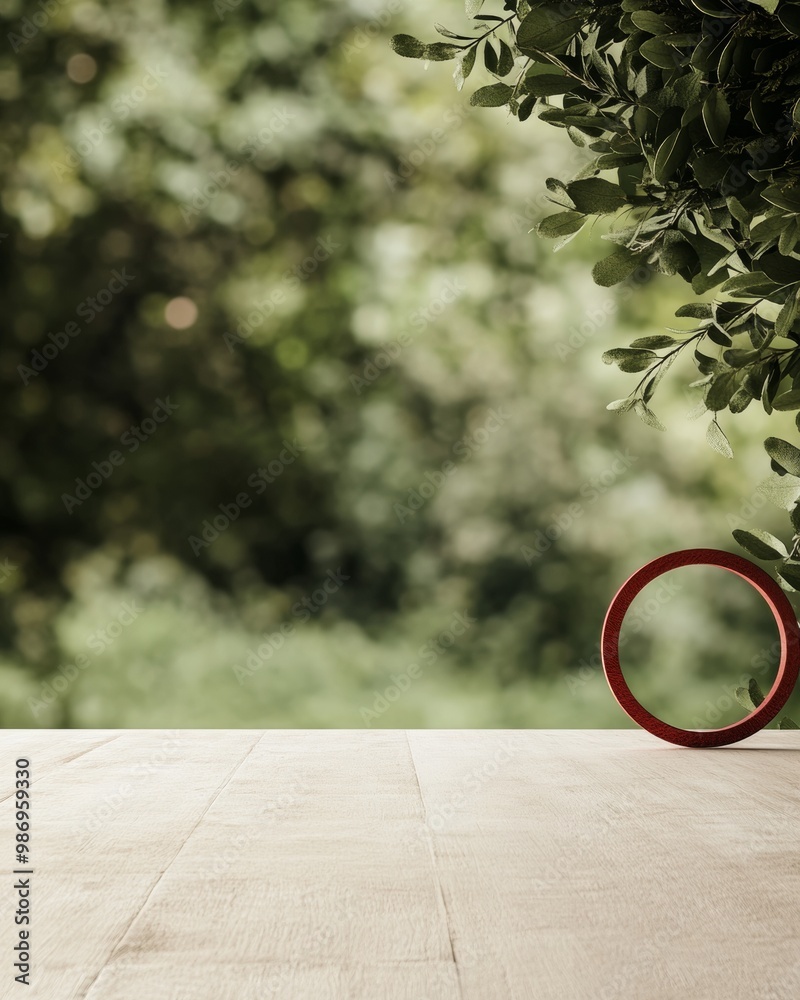 Aufkleber natural light beige wooden table with green forest background and red circular frame – minimalist an