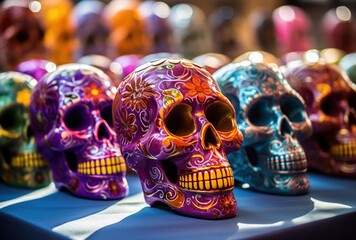 Fototapeta premium Colorful sugar skulls for sale in a souvenir shop in Mexico