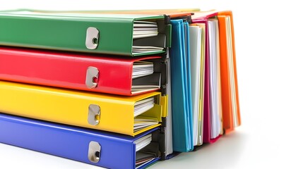 Organized Stack of Color-Coded Business Files on White Background Depicting Administrative