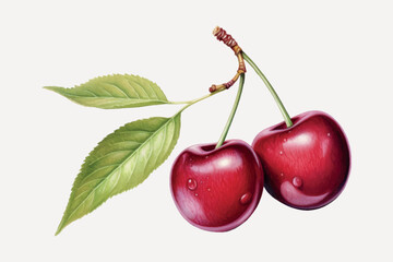 Fresh cherries with green leaves