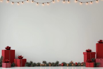 White wall with red boxes and a red ribbon. A white background with garlands of Christmas lights, gift boxes on the bottom edge, atmosphere for holiday social media posts.