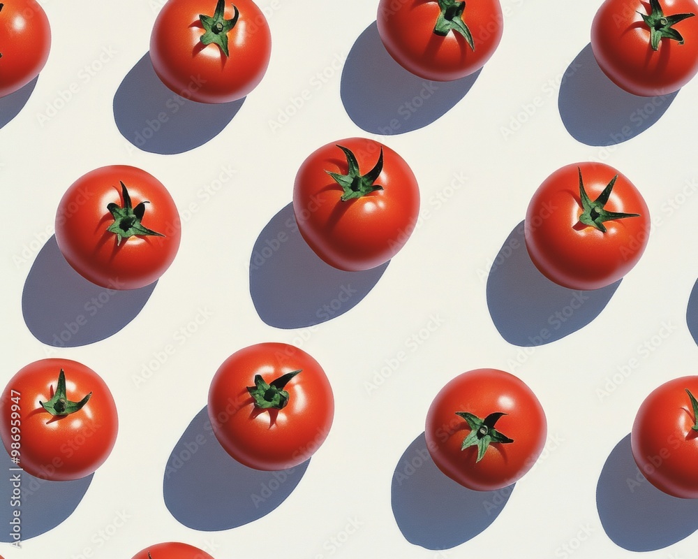Poster Pattern of Heirloom Red Tomatoes on Light Gray Background with Soft Shadows Fresh and Vibrant Repetition