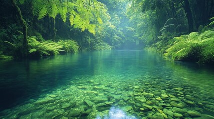 Fototapeta premium A captivating photograph of a hidden, serene river meandering through a lush, verdant forest. The clear waters reflect the vibrant greenery and the gentle light creates a peaceful and enchanting