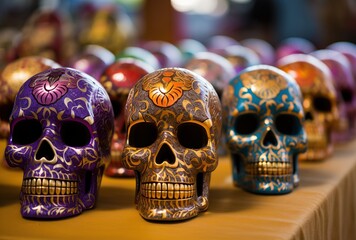 Traditional mexican sugar skulls on display in a market in Mexico