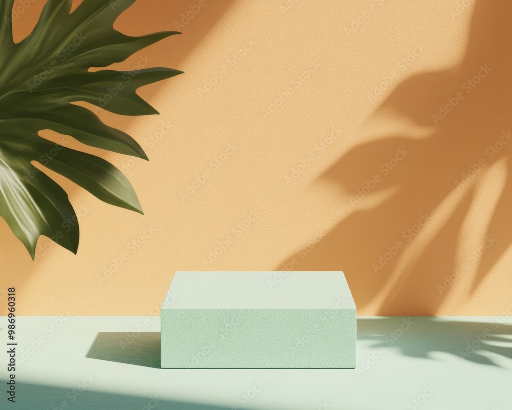 Poster minimalist mockup with matte teal podium on a vibrant green background and soft shadows