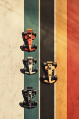 Top-Down Minimalist Poster of Four Formula One Cars on Colorful Racing Tracks, Bold Retro Design