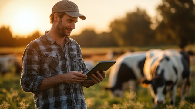 Farmer using tablet to manage dairy cows in the pasture
