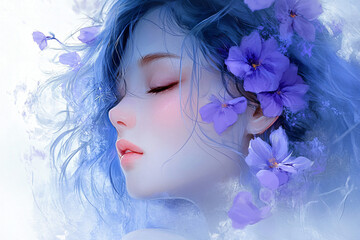 Blue Hair, Purple Flowers.