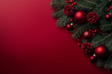 Red background with a red border. There are many red balls on the background. Some of them are in the middle of the background and some are on the right side. red christmas decorations, space for text