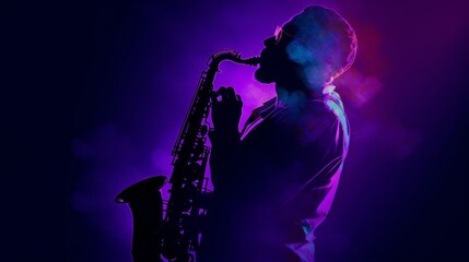 A silhouette of a saxophonist playing passionately, with vibrant purple hues radiating from the instrument, symbolizing joy and creativity.