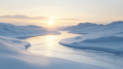 An awe-inspiring image of a secluded, untouched snow-covered landscape with rolling hills and a gently flowing river. The soft, early morning light casts a warm glow over the icy terrain, emphasizing