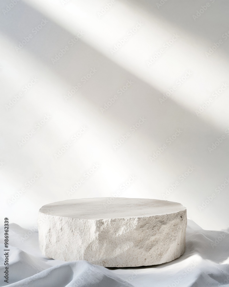 Poster Minimalist Concrete Podium with Sunlight Beams on Light Gray Gradient Background
