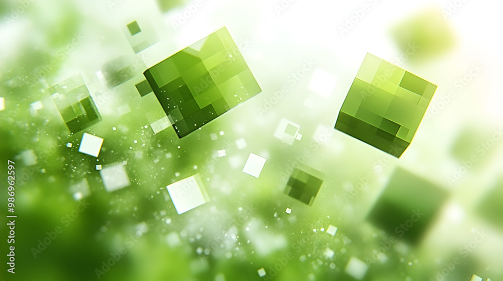 Poster abstract green pixelated cubes floating in a bright, ethereal space with light reflections
