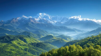 A breathtaking view of a remote, untouched mountain range with snow-capped peaks and rolling green valleys. The clear blue sky and the gentle light of the early morning sun highlight the raw beauty