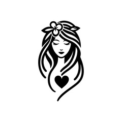 Elegant Charm Black Logo with a Woman's Face Iconic Simplicity Vector Icon of Black Female Face. beautiful floral girl with love sign icon logo