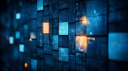 Abstract digital wall with illuminated squares in shades of blue and orange, creating a modern technological feel at night