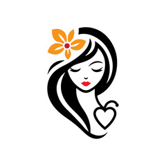Elegant Charm Black Logo with a Woman's Face Iconic Simplicity Vector Icon of Black Female Face. beautiful floral girl with love sign icon logo
