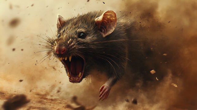 A rat with sharp teeth and a fierce expression runs through a cloud of dust.