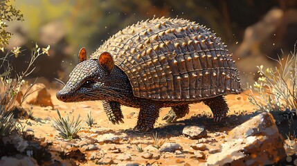 Obraz premium An armadillo stands firm in the desert, its spiky shell gleaming under the sun.