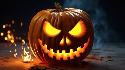 Halloween pumpkin with burning eyes on dark background, 3d