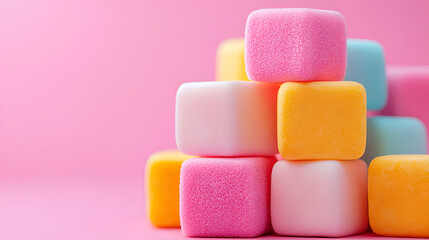 Colorful pastel foam cubes arranged creatively against a soft pink background, perfect for playful d&eacute;cor or imaginative projects