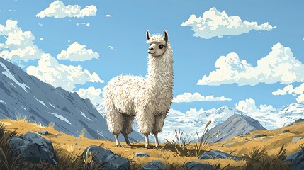 A cute alpaca stands in a mountain landscape, framed by clouds and distant peaks.