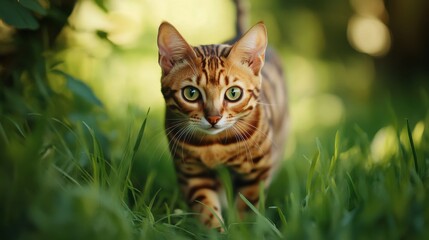 Obraz premium Bengal cat walking in the grass and looking at the camera