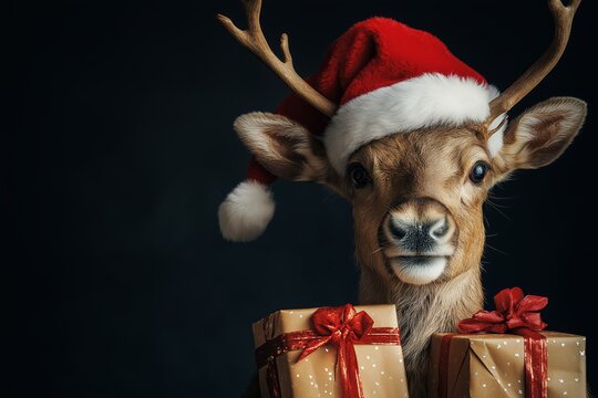 Deer is holding two red boxes and a santa hat. The deer is wearing a red hat and is standing in front of a black background. red nosed reindeer with santa hat and presents, isolated on dark background