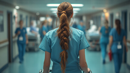 Nurse walking through a busy hospital corridor, wearing scrubs and focused on patient care amidst a healthcare environment.