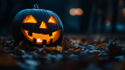 A carved jack-o'-lantern glowing faintly with eerie light, with dry leaves scattered at its base, set against a nearly pitch-black background, halloween, pumpkins