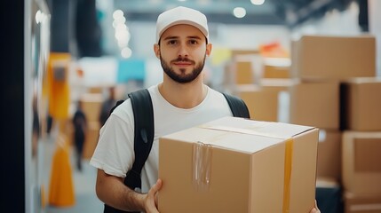 Warehouse Worker Carrying Delivery Package in Logistic Center