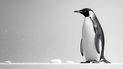 An emperor penguin stands tall on snow-covered ground, snowflakes swirling in the air.