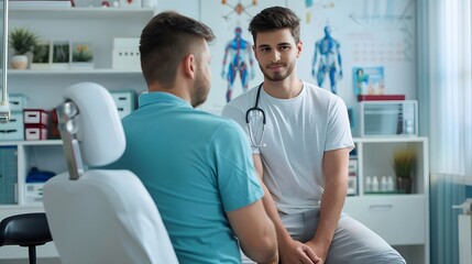 Fototapeta premium Physiotherapist examining the shoulder joint of a male patient in a modern clinic.