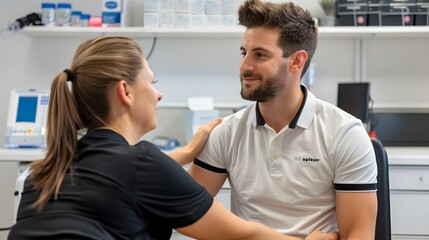 Obraz premium Physiotherapist examining the shoulder joint of a male patient in a modern clinic.