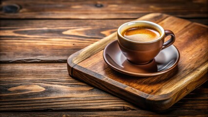 Cup of espresso on wooden board, perfect for coffee lovers and cafes