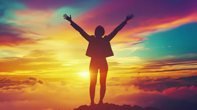 Silhouette of businesswoman with raised hands over sunset sky background. Success and victory concept. Joyful female celebrate achievement. Beautiful nature sunrise. Freedom dream goal lifestyle.