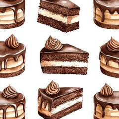 Watercolor seamless pattern of chocolate cakes isolated on white for an artistic flair.