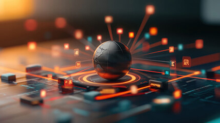 A black sphere with a red dot on it surrounded by a colorful network of lines.