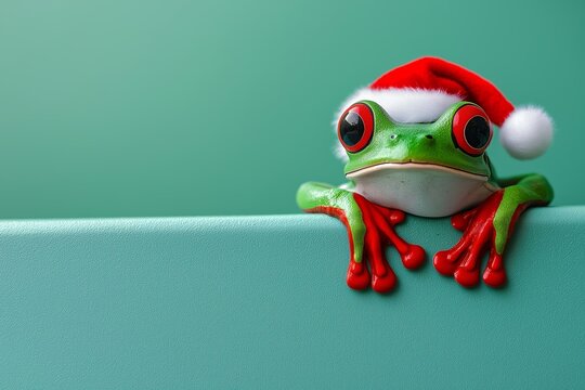 Green frog wearing a Santa hat. The frog is sitting on a green surface. Frog with Santa Claus costume sitting oof a wall