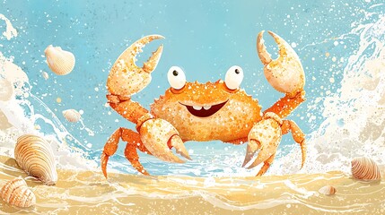 A cartoon crab enjoys the seaside, seashells and waves adding to the cheerful, beachy scene.